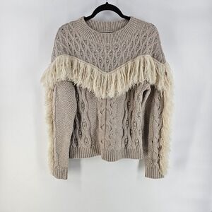 AMUR Merino Wool Sweater XL Beige Fringe Cable Knit Pullover Boho Western Chunky